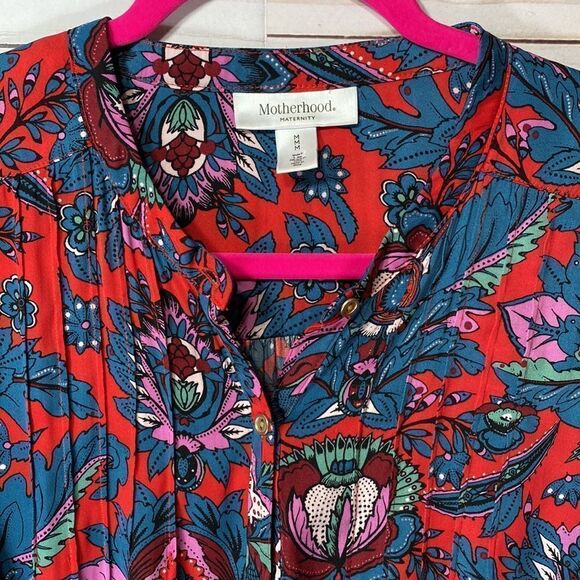 Motherhood Maternity Multicolor Floral Button Down Belted Tunic Top - Picture 2 of 16